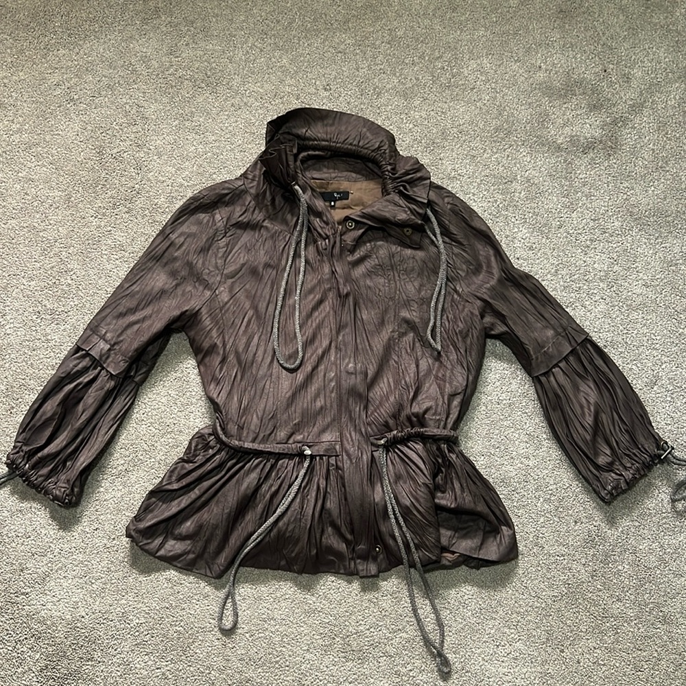 Rye Crinkle Faux Leather Look Cinched Peplum Jacket Sz Small Brown